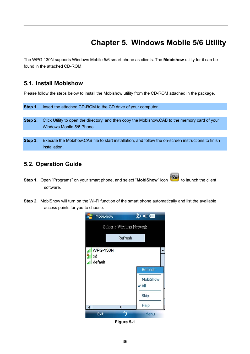 Chapter 5. windows mobile 5/6 utility, Install mobishow, Operation guide | Chapter 5, Windows mobile 5/6 utility | PLANET WPG-130N User Manual | Page 36 / 50