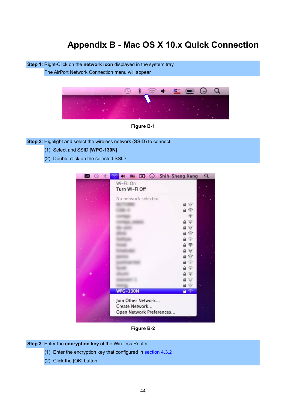 Appendix b - mac os x 10.x quick connection | PLANET WPG-130N User Manual | Page 44 / 50