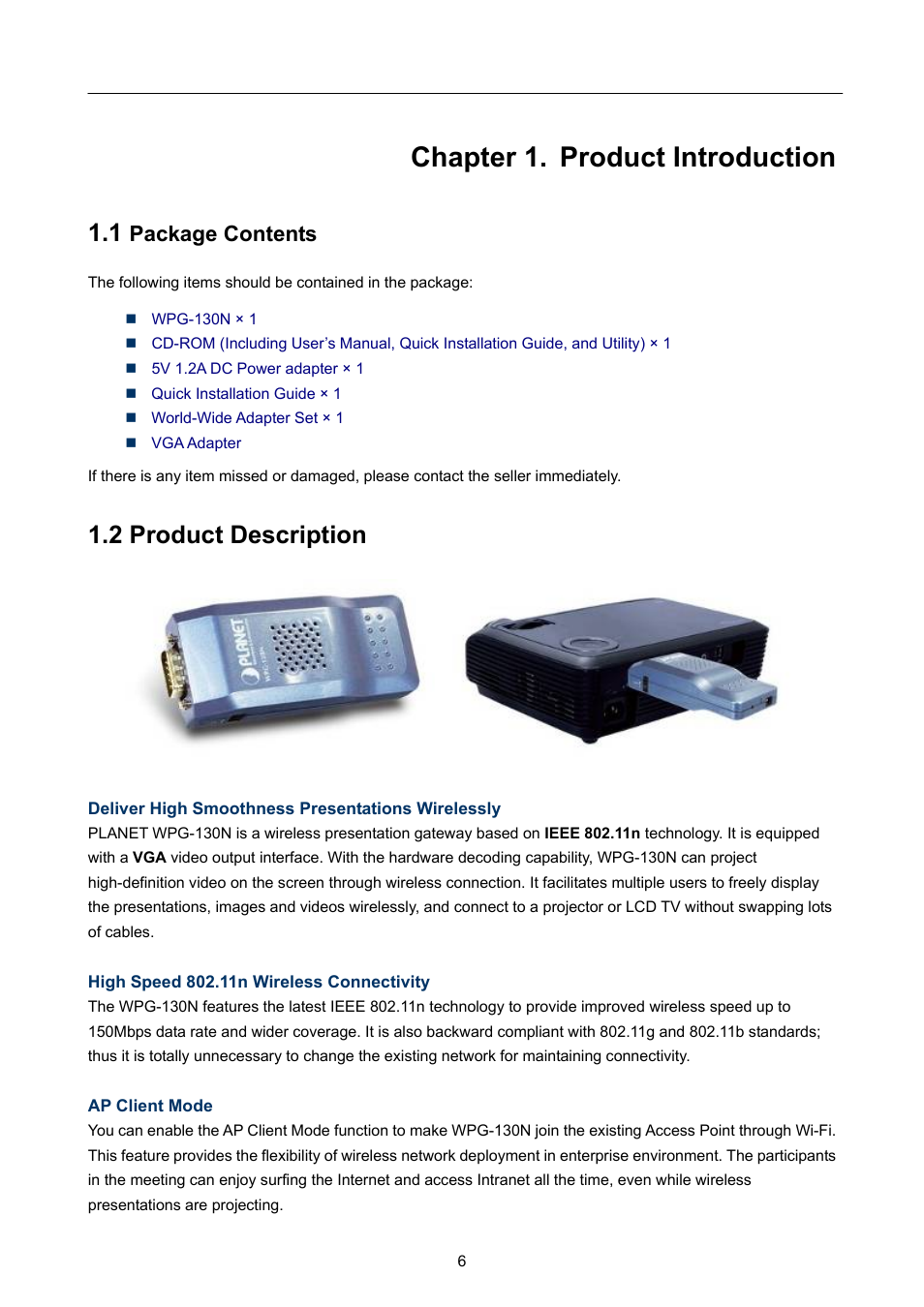 Chapter 1. product introduction, 1 package contents, 2 product description | Chapter 1, Product introduction, Package contents | PLANET WPG-130N User Manual | Page 6 / 50