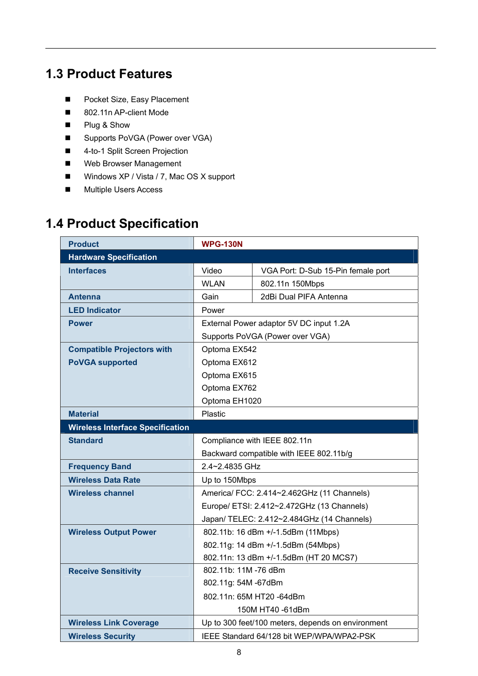 3 product features, 4 product specification | PLANET WPG-130N User Manual | Page 8 / 50