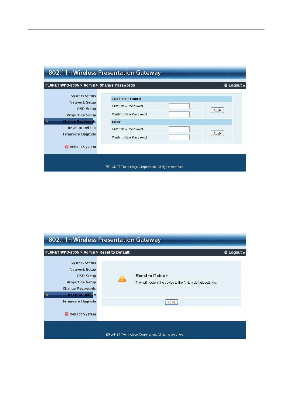 Change passwords, Reset to default | PLANET WPG-200N User Manual | Page 37 / 53