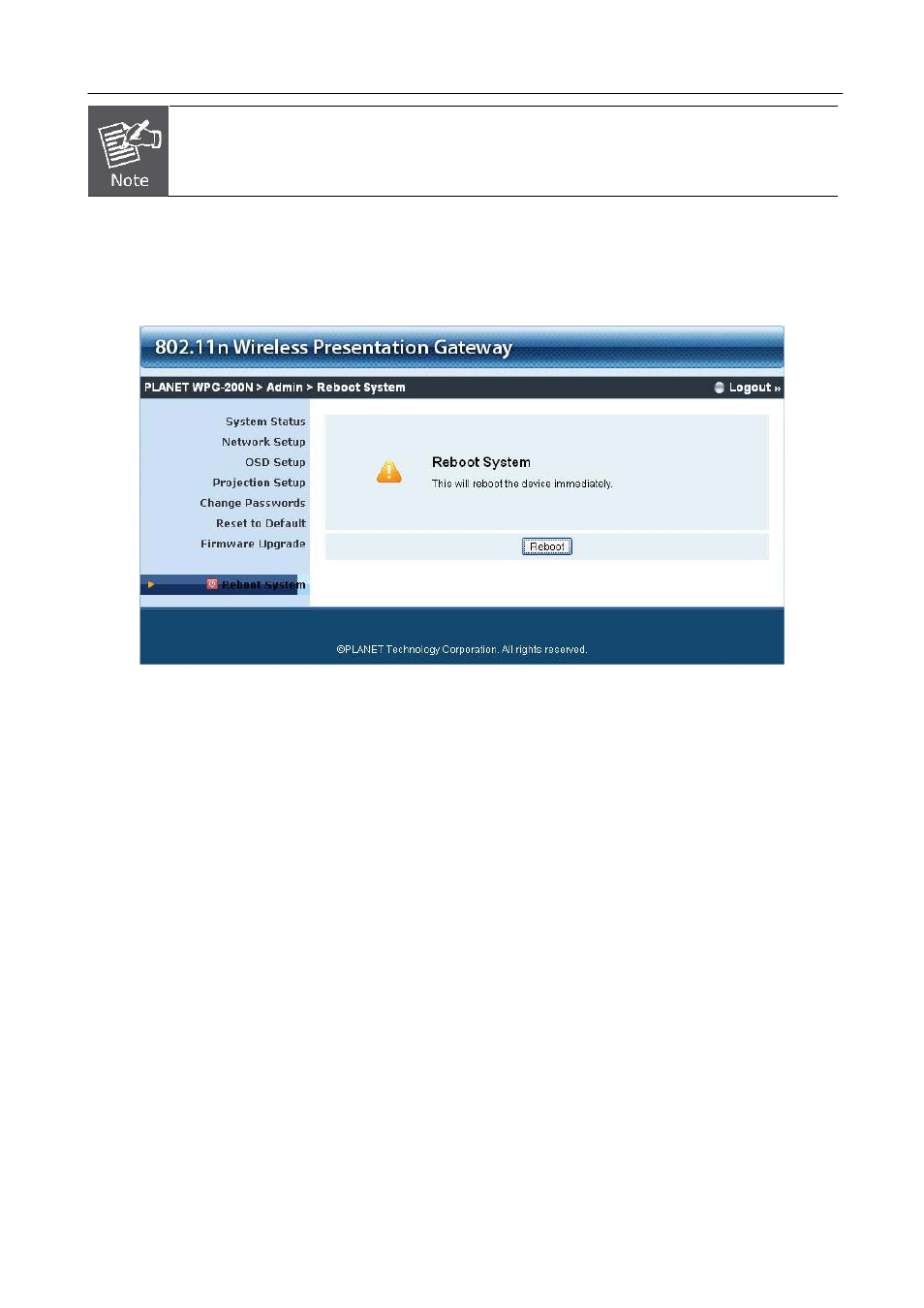 Reboot system | PLANET WPG-200N User Manual | Page 39 / 53