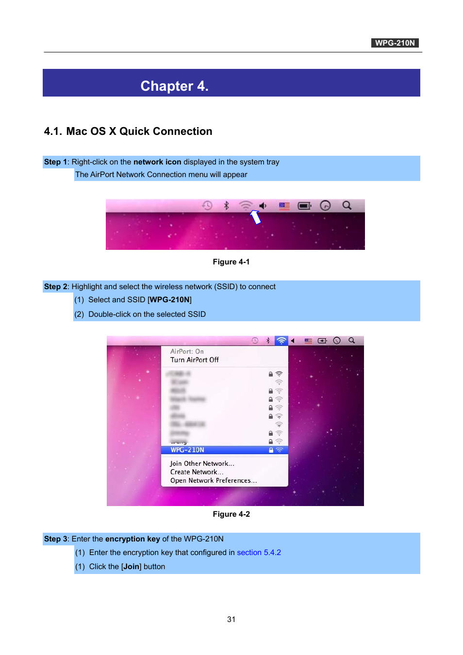 Chapter 4. mac os x client utility, Mac os x quick connection, Chapter 4 | Mac os x client utility | PLANET WPG-210N User Manual | Page 31 / 64