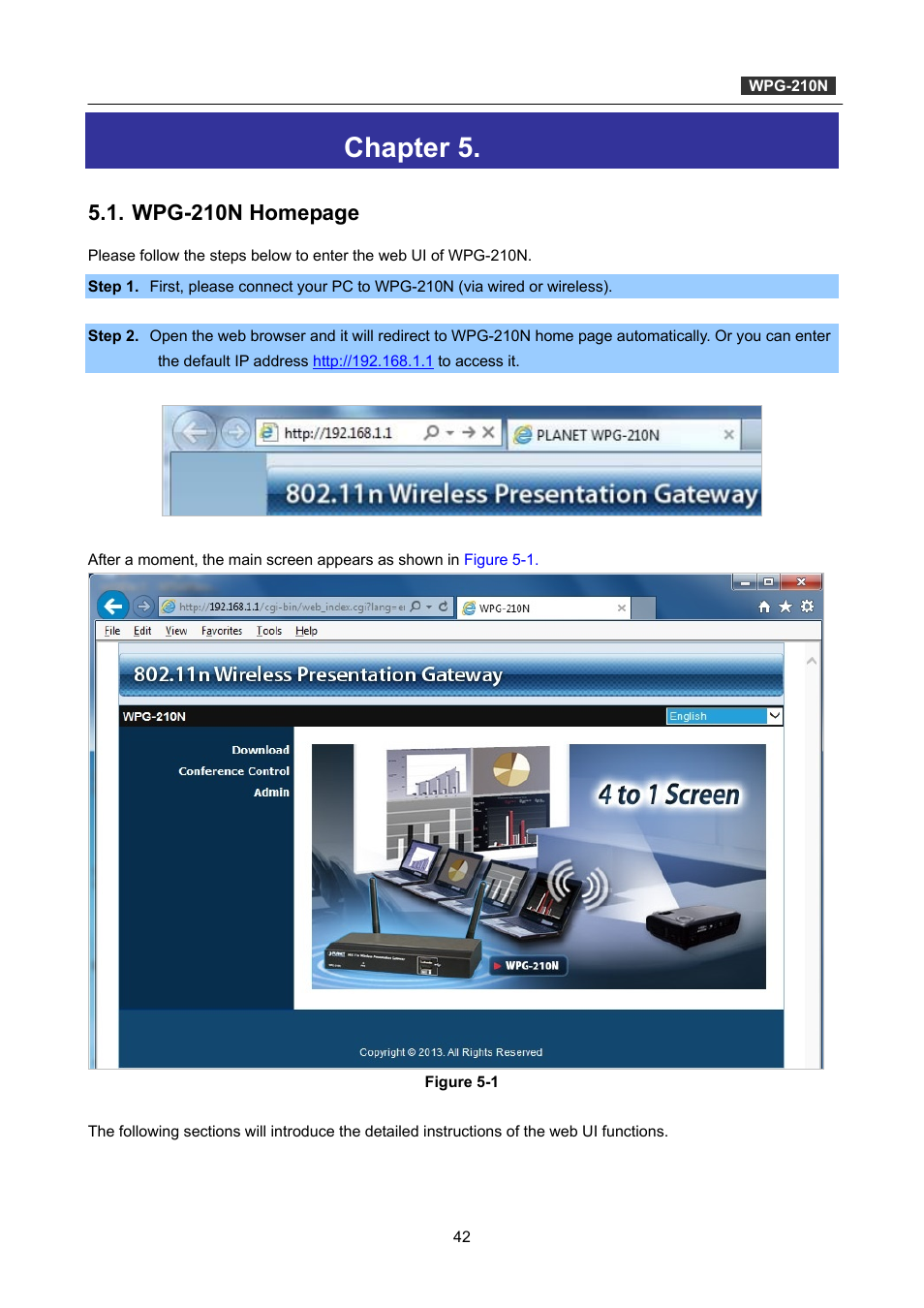 Chapter 5. web ui management, Chapter 5, Web ui management | Wpg-210n homepage | PLANET WPG-210N User Manual | Page 42 / 64