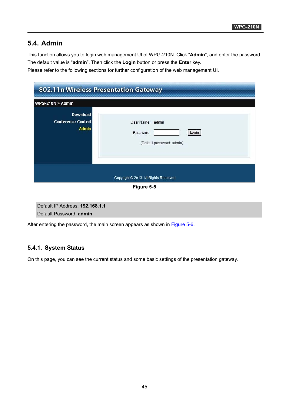 Admin, System status | PLANET WPG-210N User Manual | Page 45 / 64