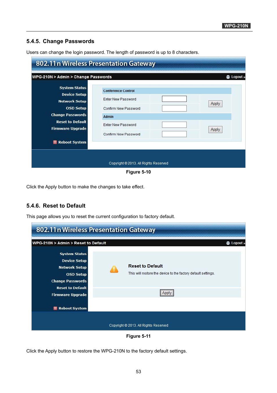 Change passwords, Reset to default | PLANET WPG-210N User Manual | Page 53 / 64