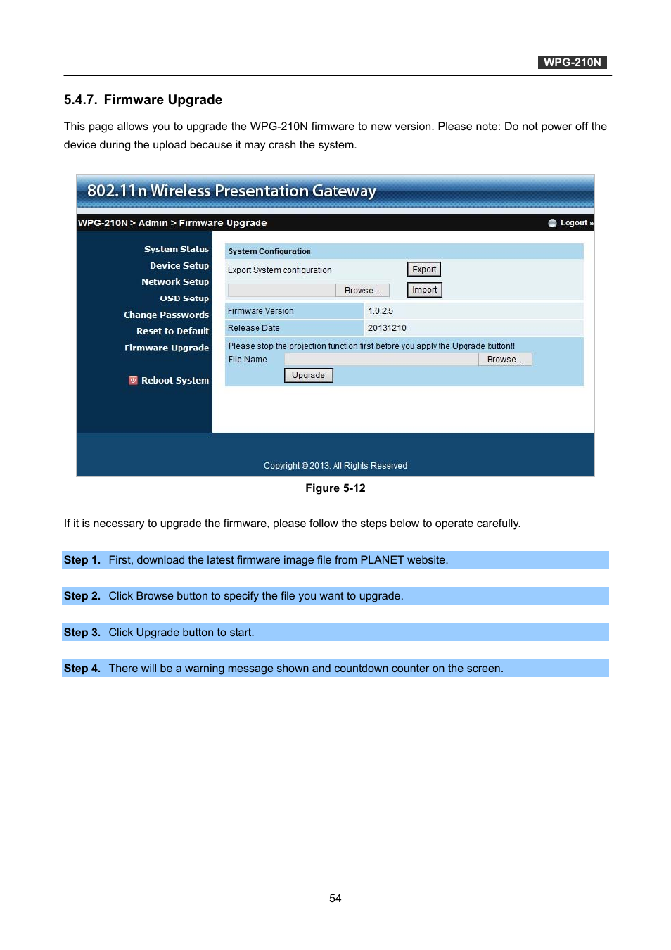 Firmware upgrade | PLANET WPG-210N User Manual | Page 54 / 64