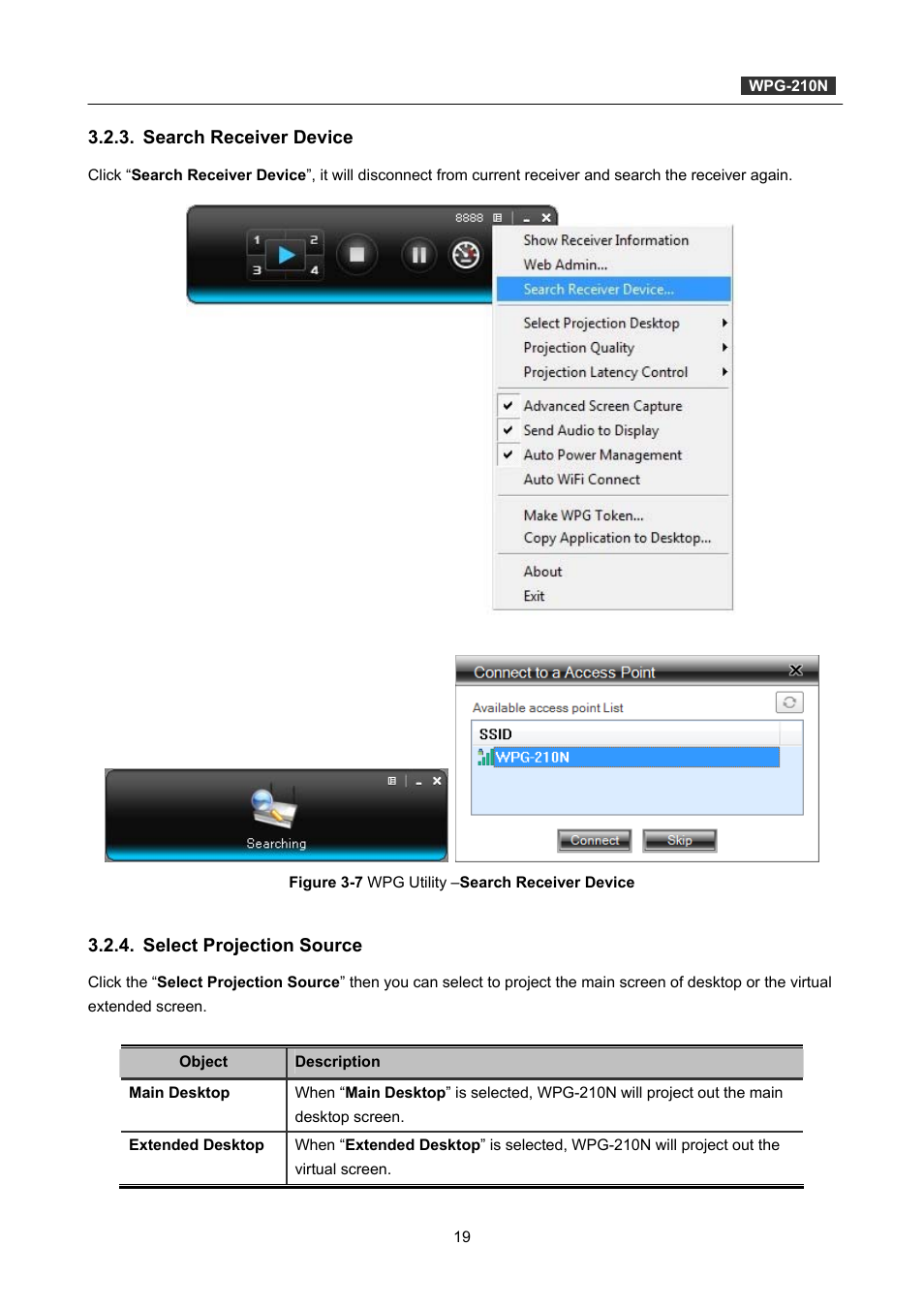 Search receiver device, Select projection source | PLANET WPG-210N User Manual | Page 19 / 62