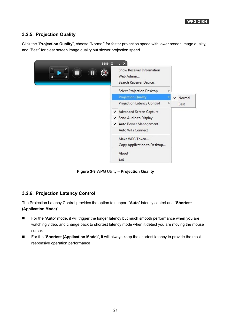 Projection quality, Projection latency control | PLANET WPG-210N User Manual | Page 21 / 62