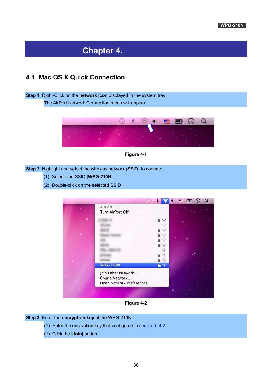 Chapter 4. mac os x client utility, Mac os x quick connection, Chapter 4 | Mac os x client utility | PLANET WPG-210N User Manual | Page 30 / 62