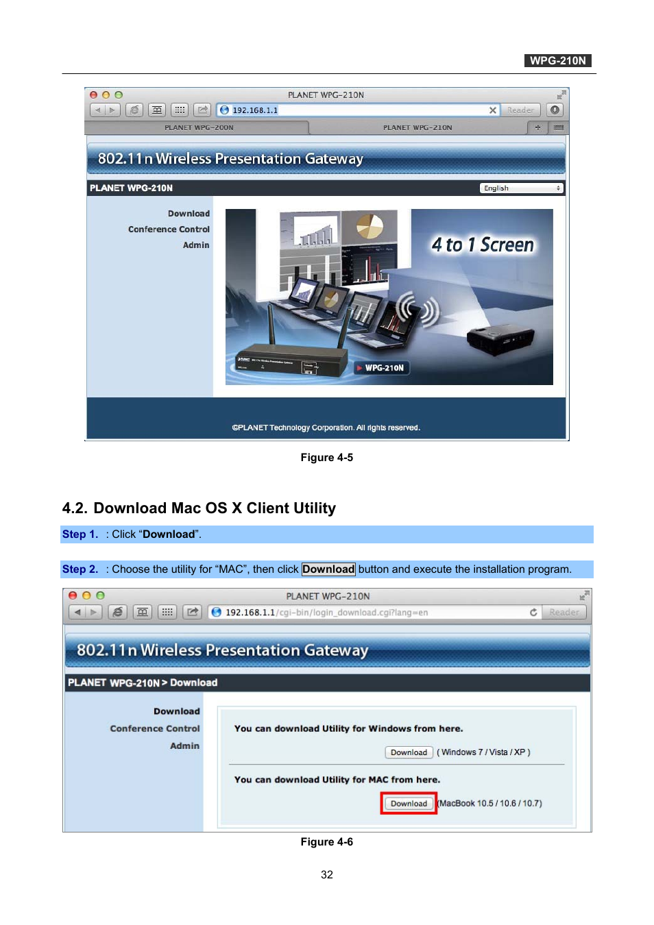 Download mac os x client utility | PLANET WPG-210N User Manual | Page 32 / 62