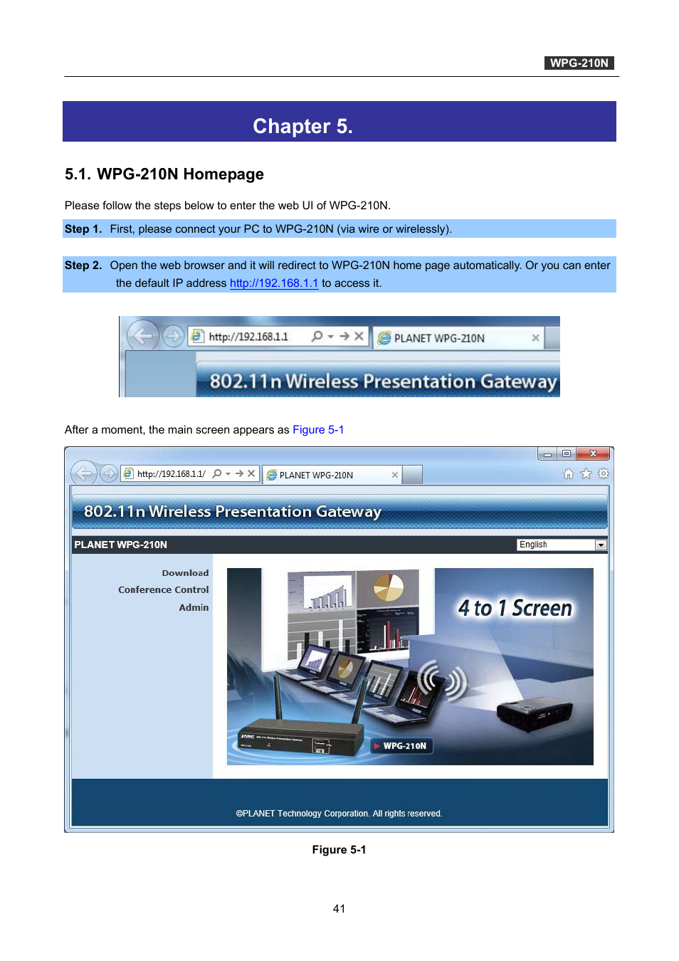 Chapter 5. web ui management, Chapter 5, Web ui management | Wpg-210n homepage | PLANET WPG-210N User Manual | Page 41 / 62