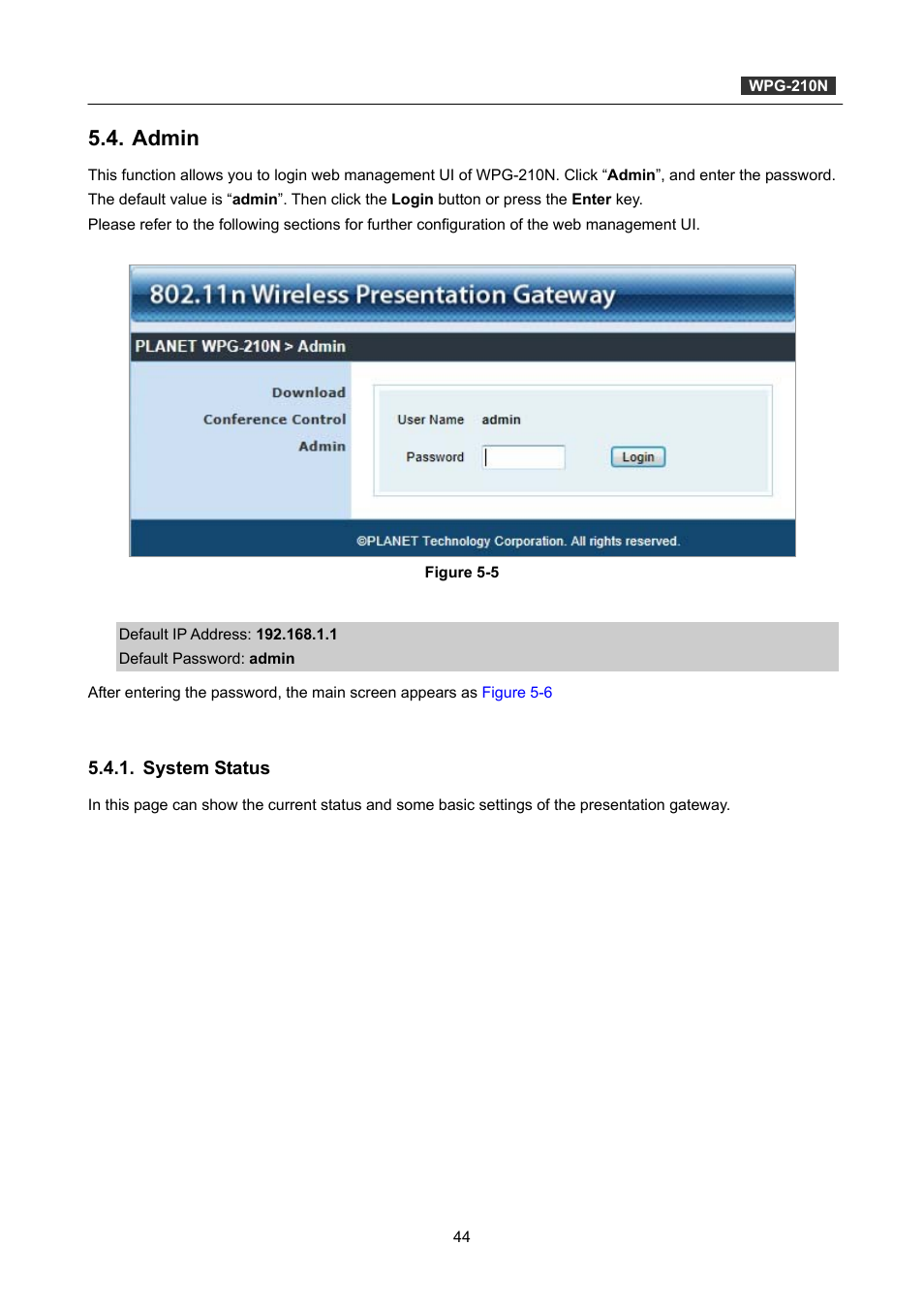 Admin, System status | PLANET WPG-210N User Manual | Page 44 / 62