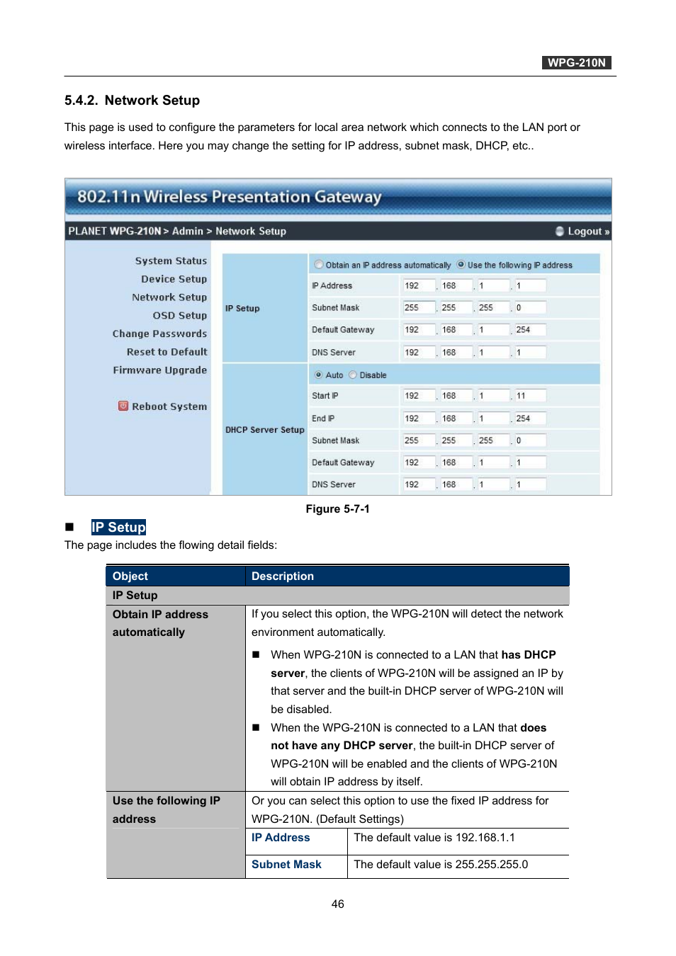 Network setup | PLANET WPG-210N User Manual | Page 46 / 62