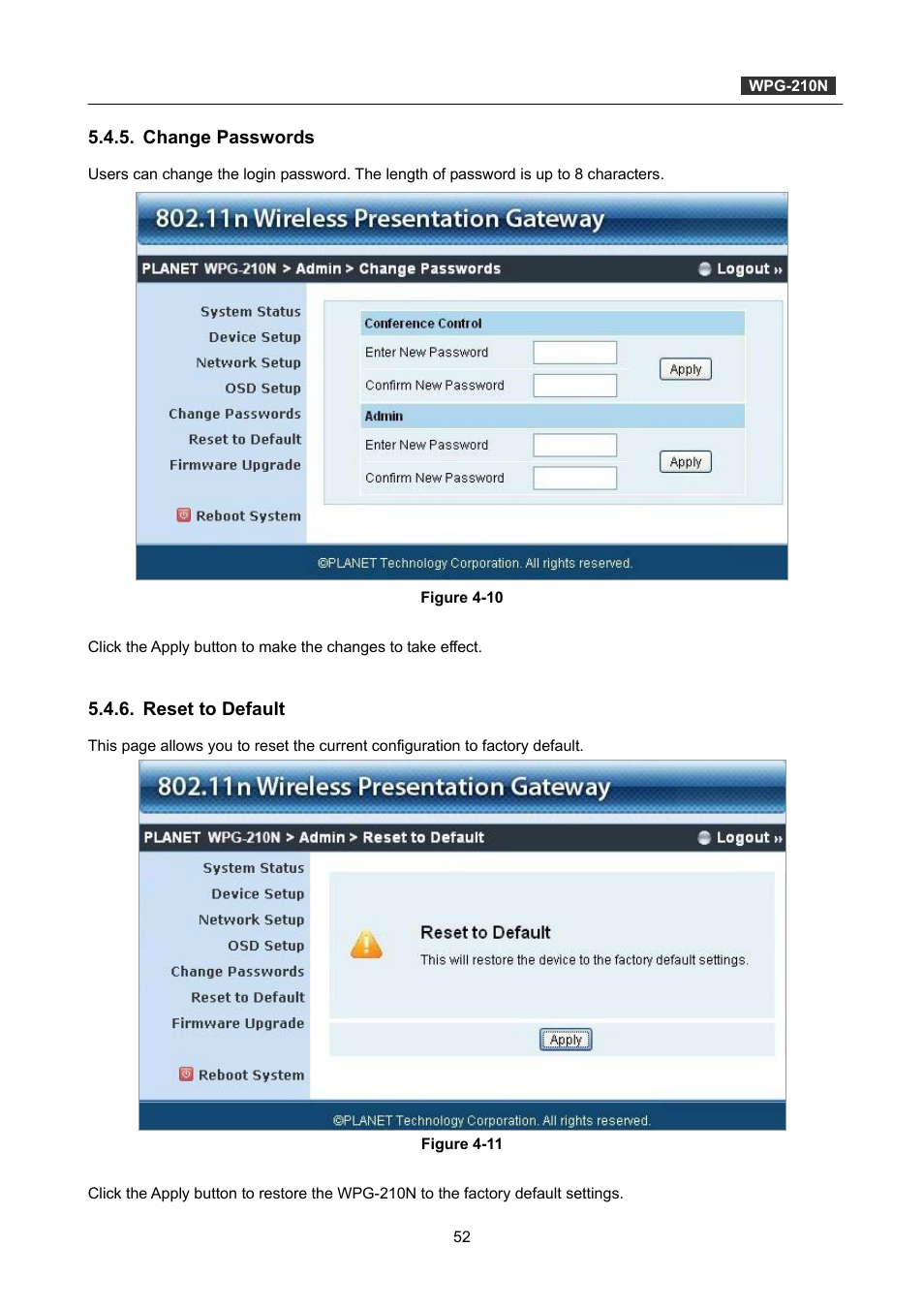 Change passwords, Reset to default | PLANET WPG-210N User Manual | Page 52 / 62