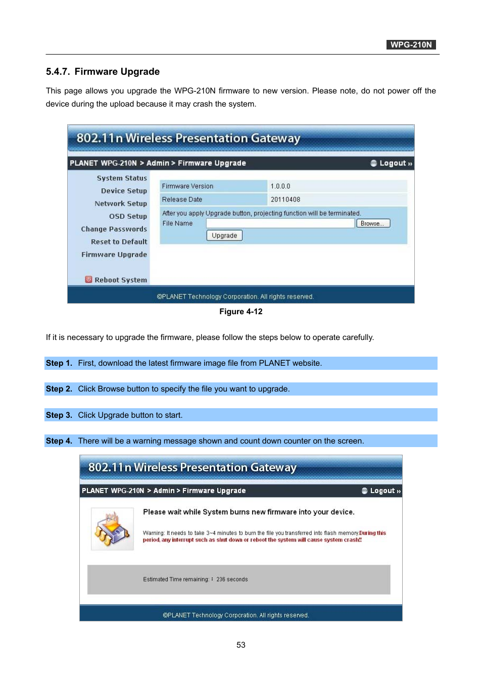 Firmware upgrade | PLANET WPG-210N User Manual | Page 53 / 62