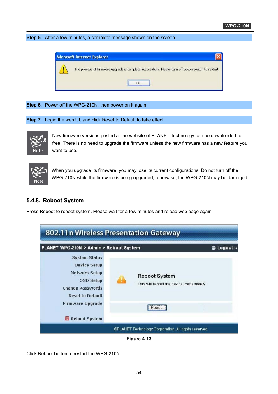 Reboot system | PLANET WPG-210N User Manual | Page 54 / 62