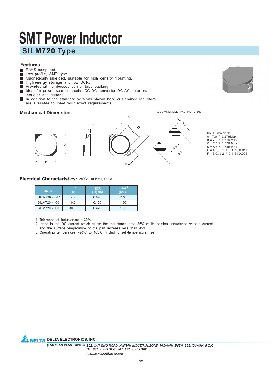 Delta Electronics SMT Power Inductor SILM720 User Manual | 1 page