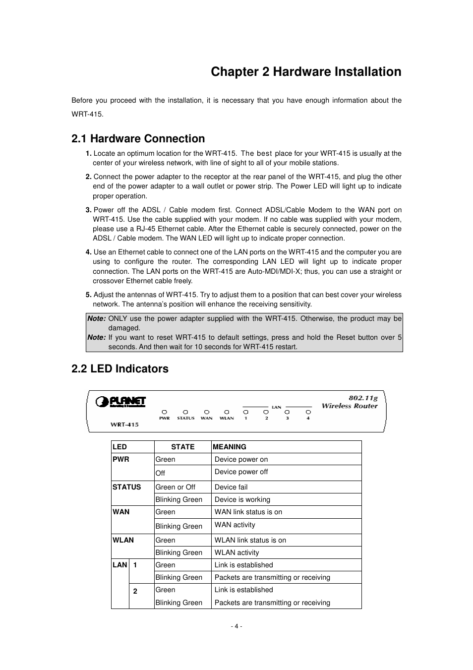 Chapter 2 hardware installation, 1 hardware connection, 2 led indicators | PLANET WRT-415 User Manual | Page 10 / 52