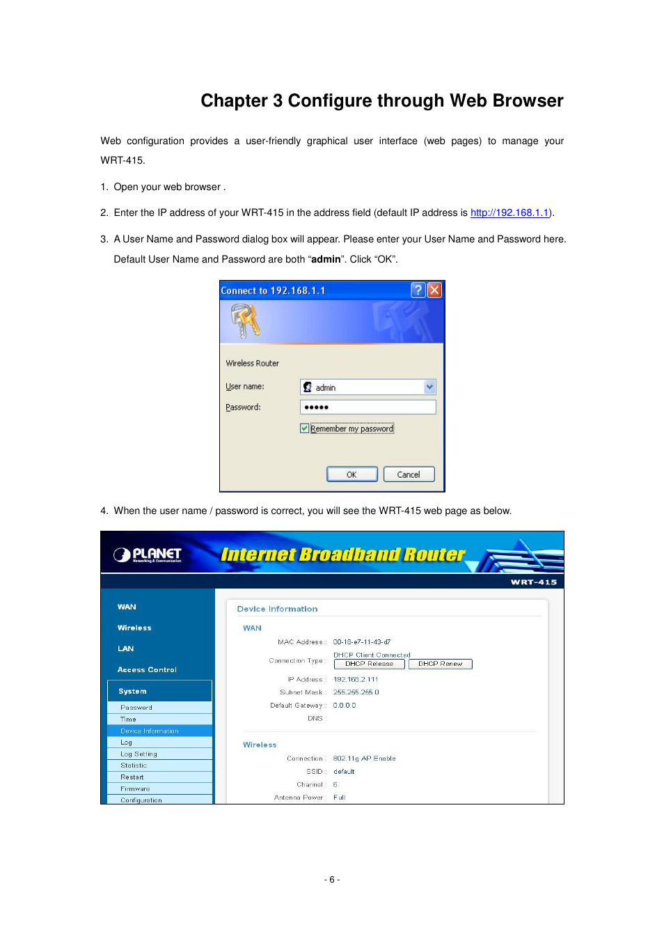 Chapter 3 configure through web browser | PLANET WRT-415 User Manual | Page 12 / 52