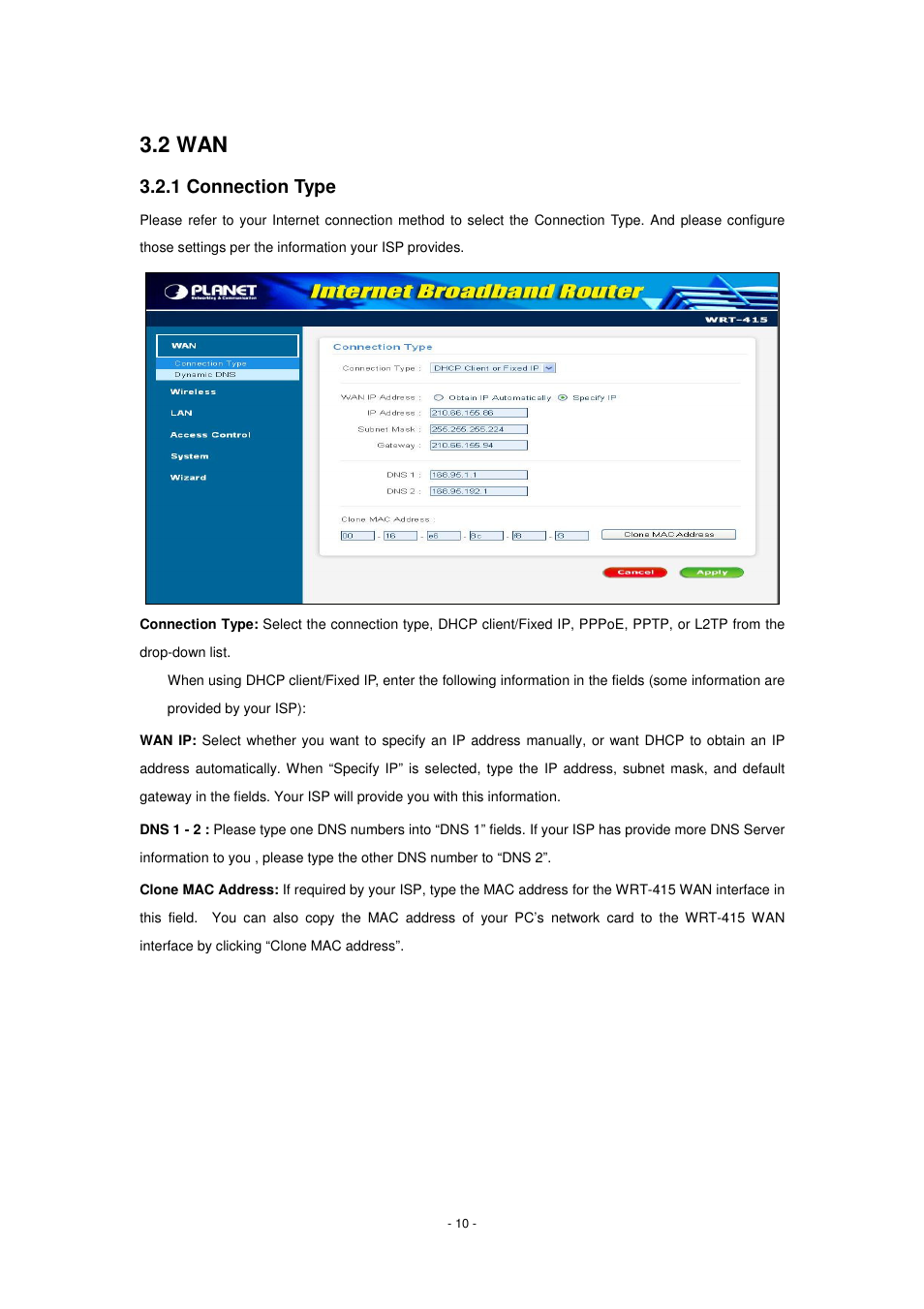 2 wan, 1 connection type | PLANET WRT-415 User Manual | Page 16 / 52