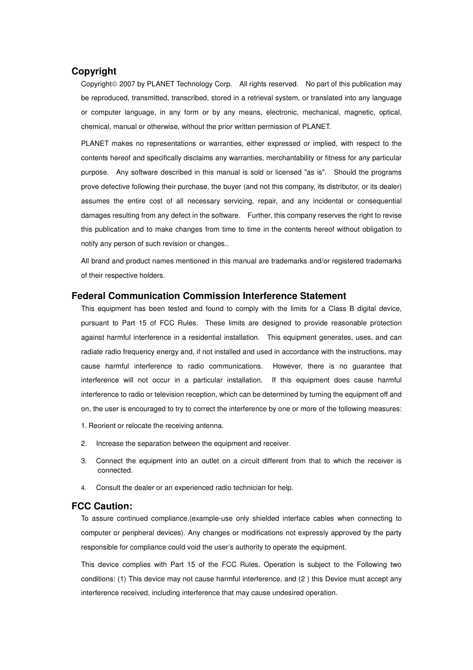Copyright, Fcc caution | PLANET WRT-415 User Manual | Page 2 / 52