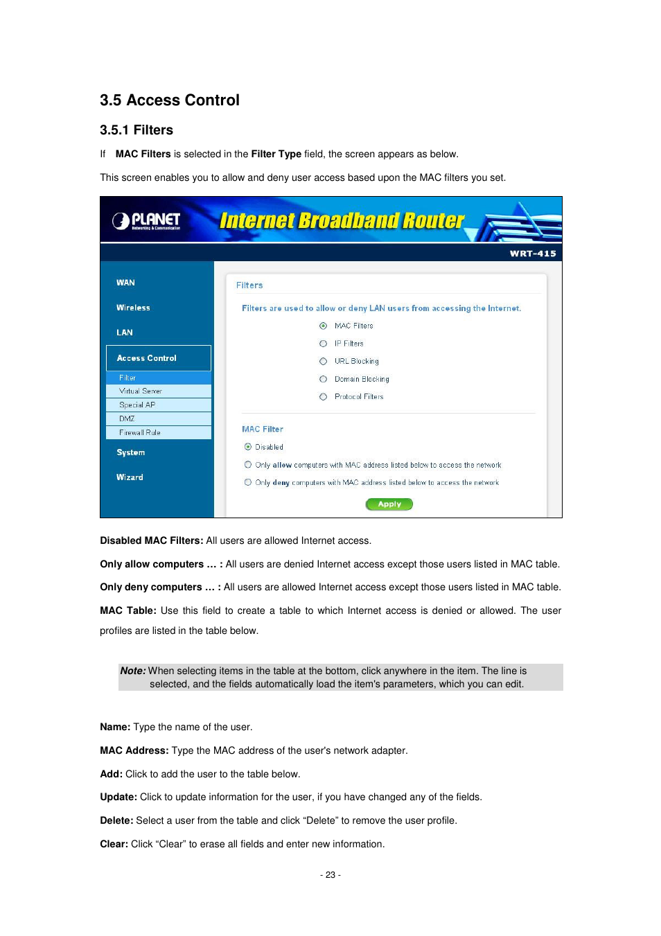 5 access control, 1 filters | PLANET WRT-415 User Manual | Page 29 / 52