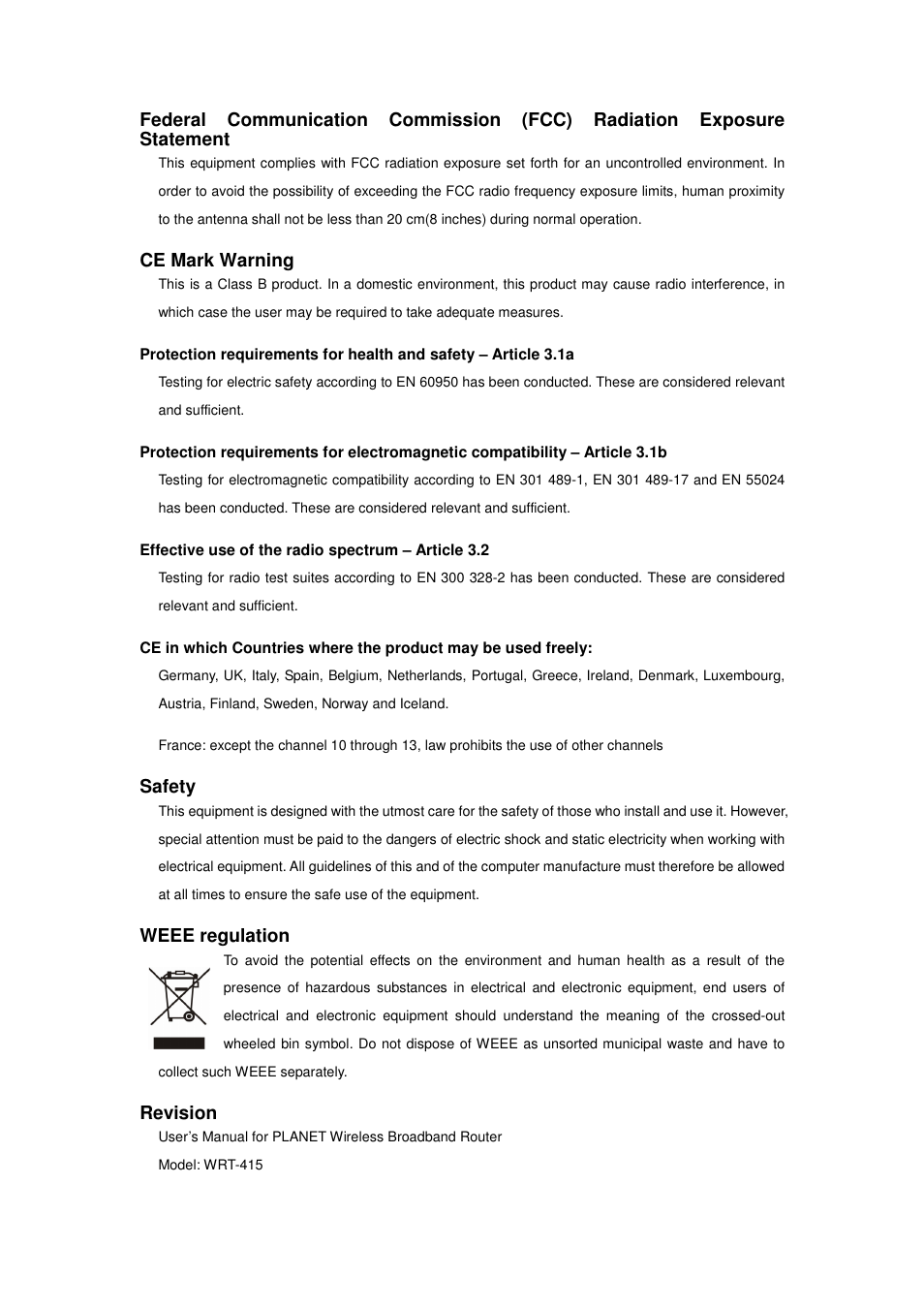 Ce mark warning, Safety, Weee regulation | Revision | PLANET WRT-415 User Manual | Page 3 / 52