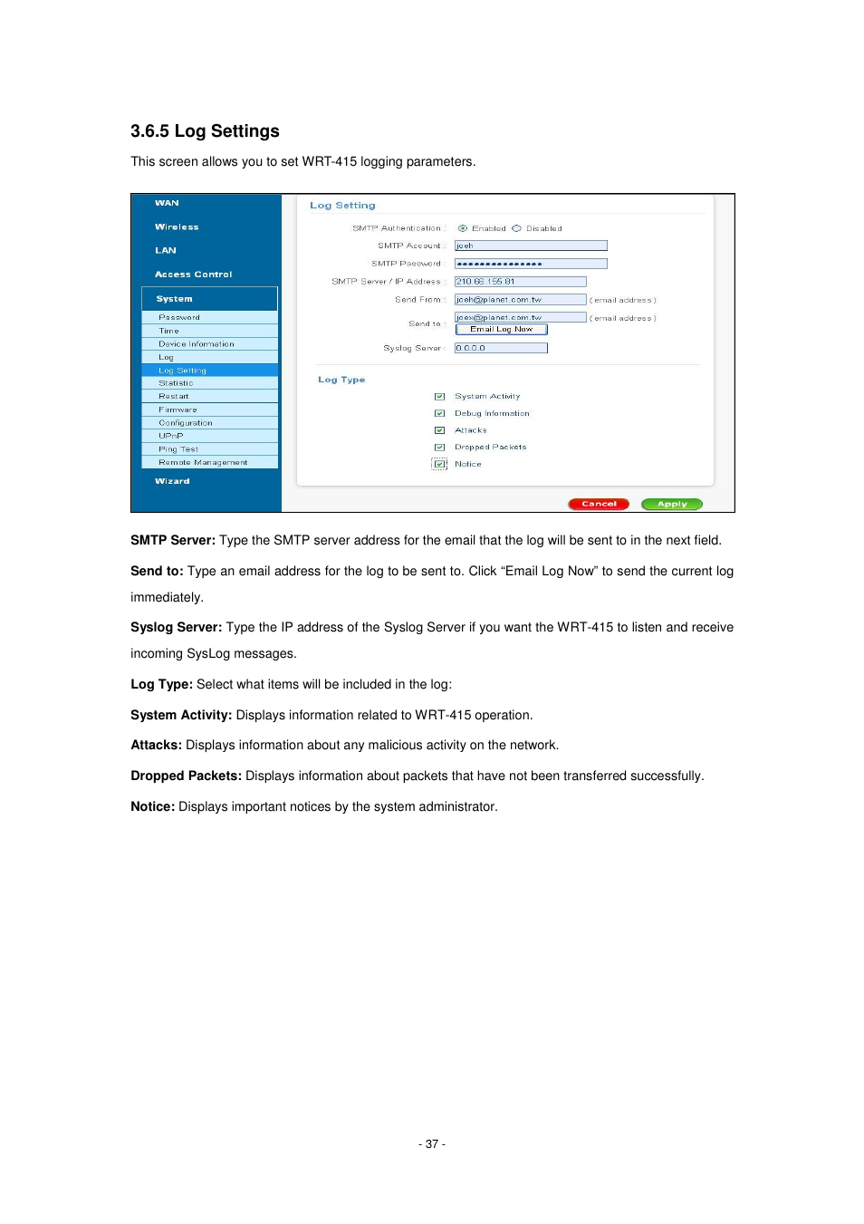 5 log settings | PLANET WRT-415 User Manual | Page 43 / 52