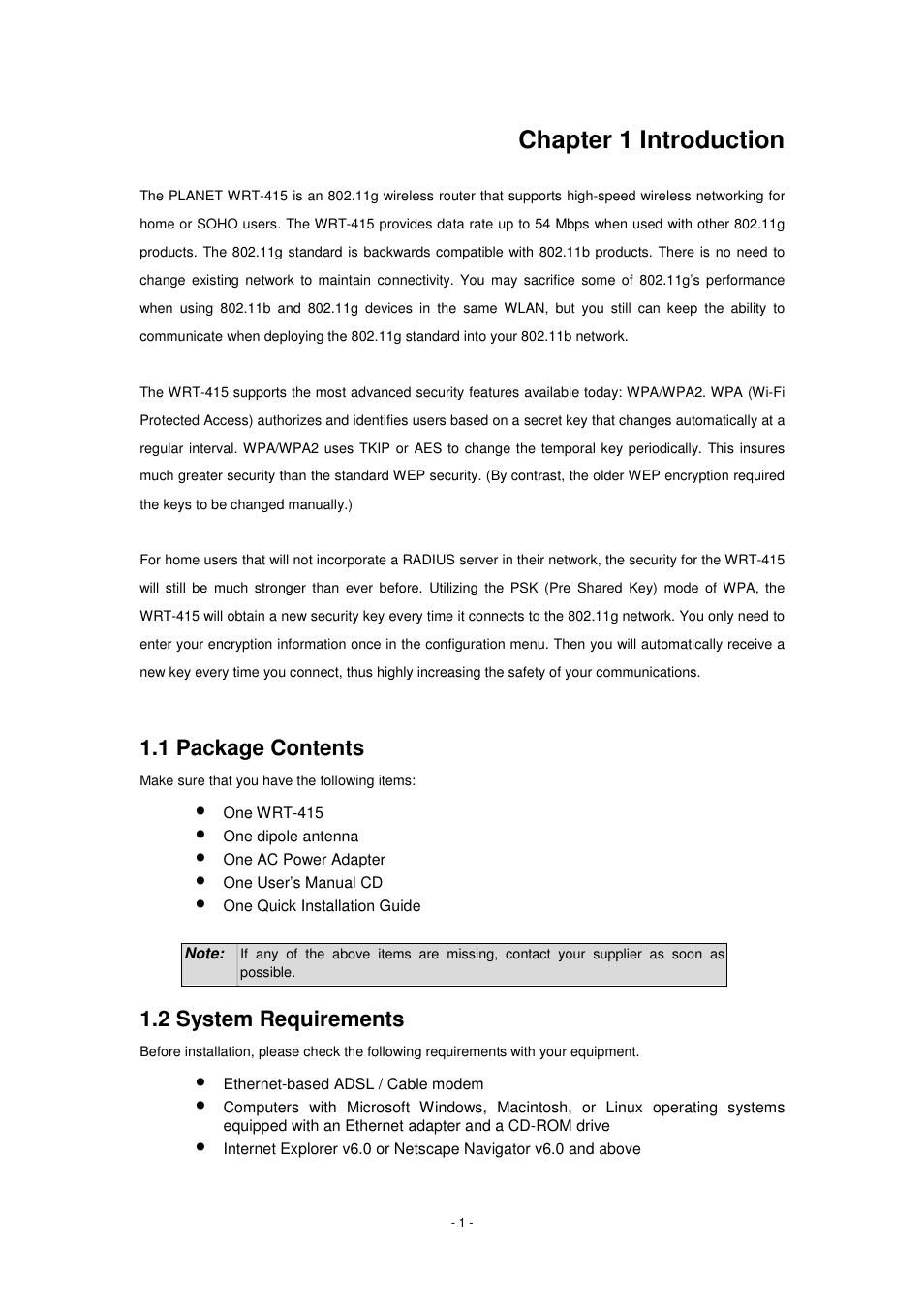 Chapter 1 introduction, 1 package contents, 2 system requirements | PLANET WRT-415 User Manual | Page 7 / 52