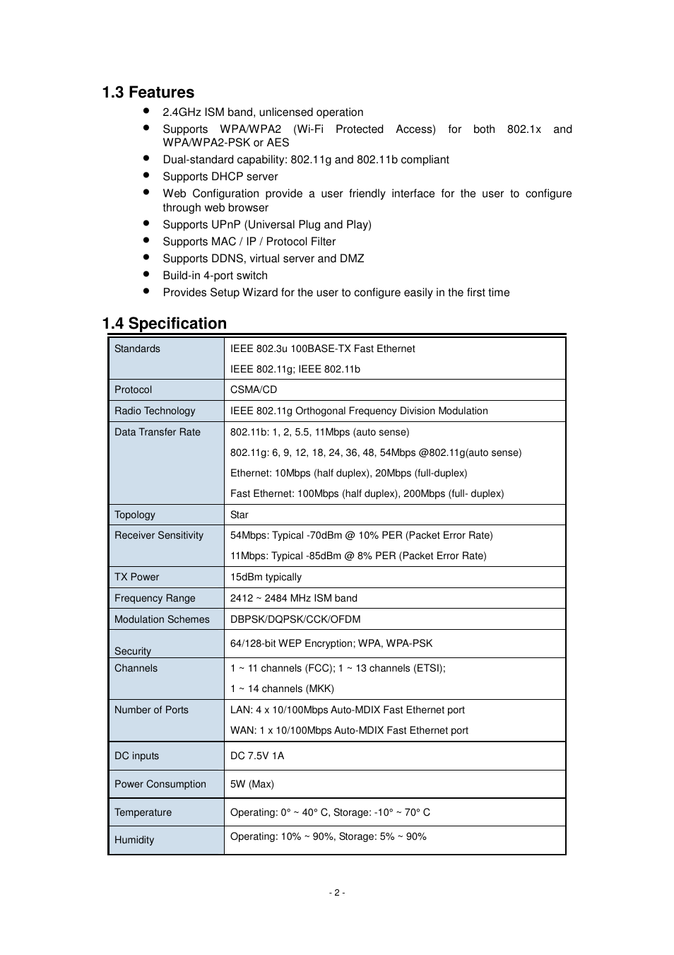 3 features, 4 specification | PLANET WRT-415 User Manual | Page 8 / 52