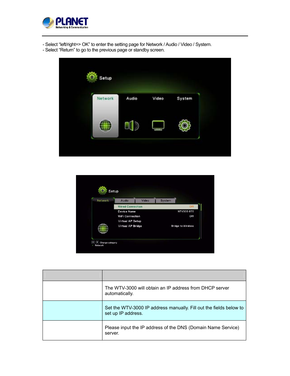 1 network setting | PLANET WTV-3000 User Manual | Page 31 / 40