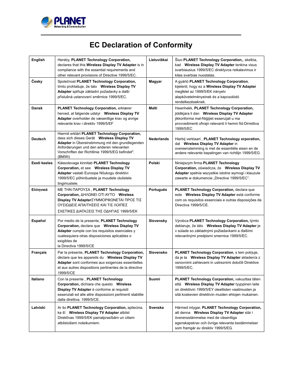 Ec declaration of conformity | PLANET WTV-3000 User Manual | Page 40 / 40