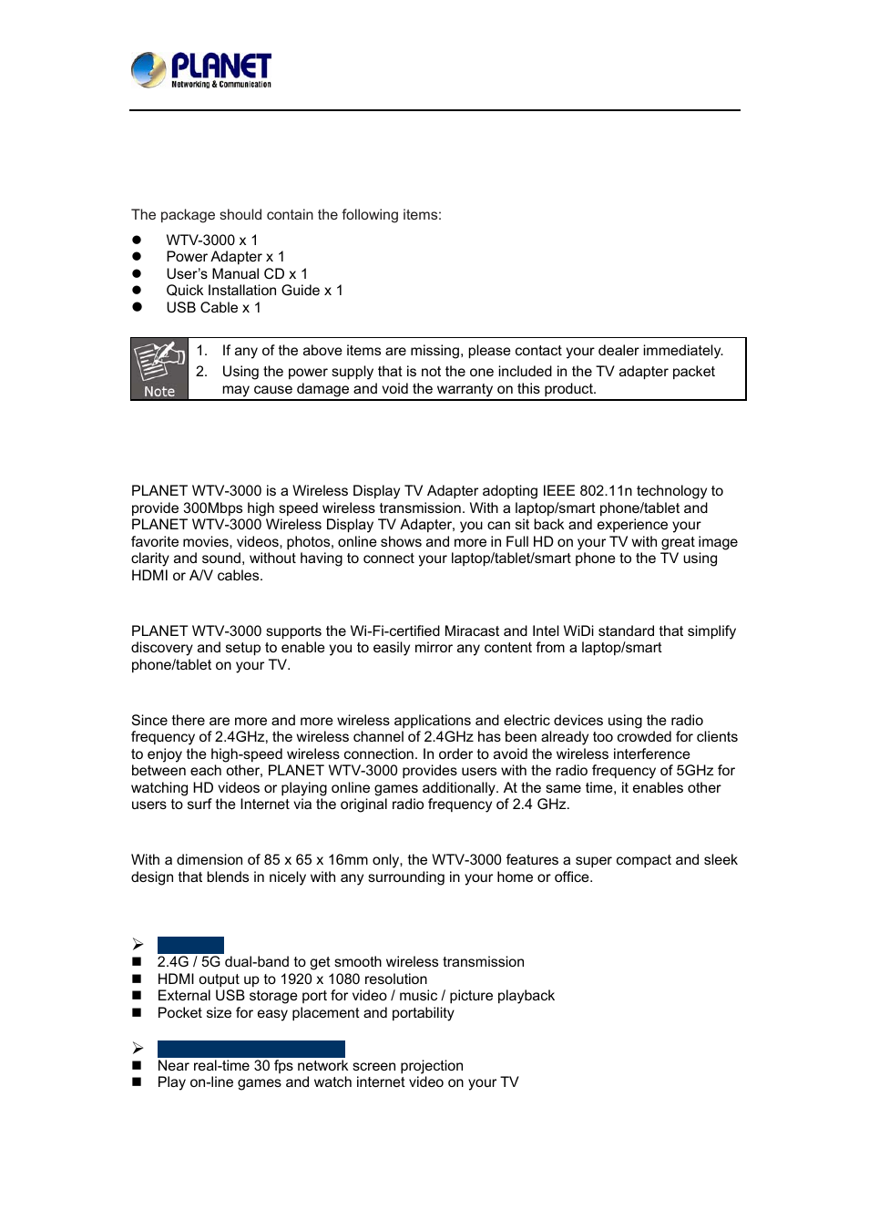 Chapter 1. product introduction, 1 package contents, 2 overview | 3 features, Chapter 1, Product introduction | PLANET WTV-3000 User Manual | Page 5 / 40