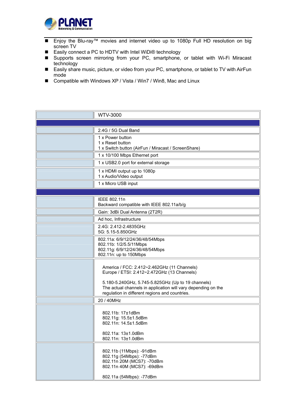 4 product specifications | PLANET WTV-3000 User Manual | Page 6 / 40