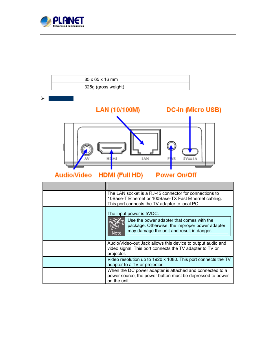 Chapter 2. hardware interface, 1 physical descriptions, Chapter 2 | Hardware interface | PLANET WTV-3000 User Manual | Page 8 / 40