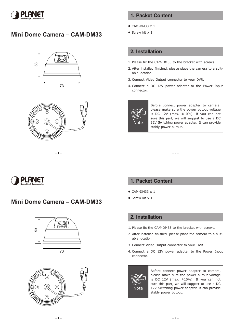 PLANET CAM-DM33 User Manual | 2 pages