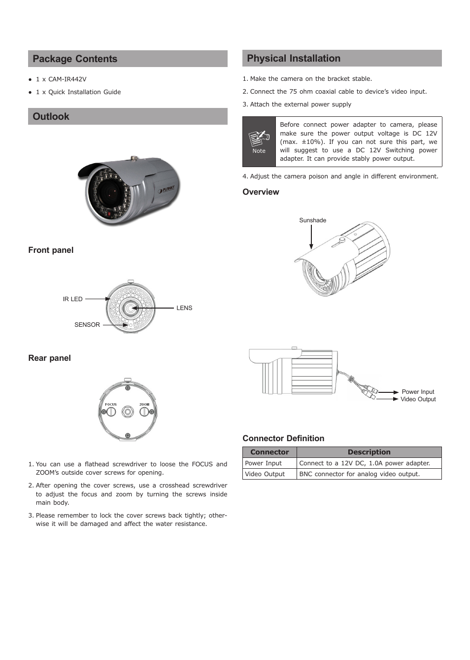 PLANET CAM-IR442V User Manual | 2 pages