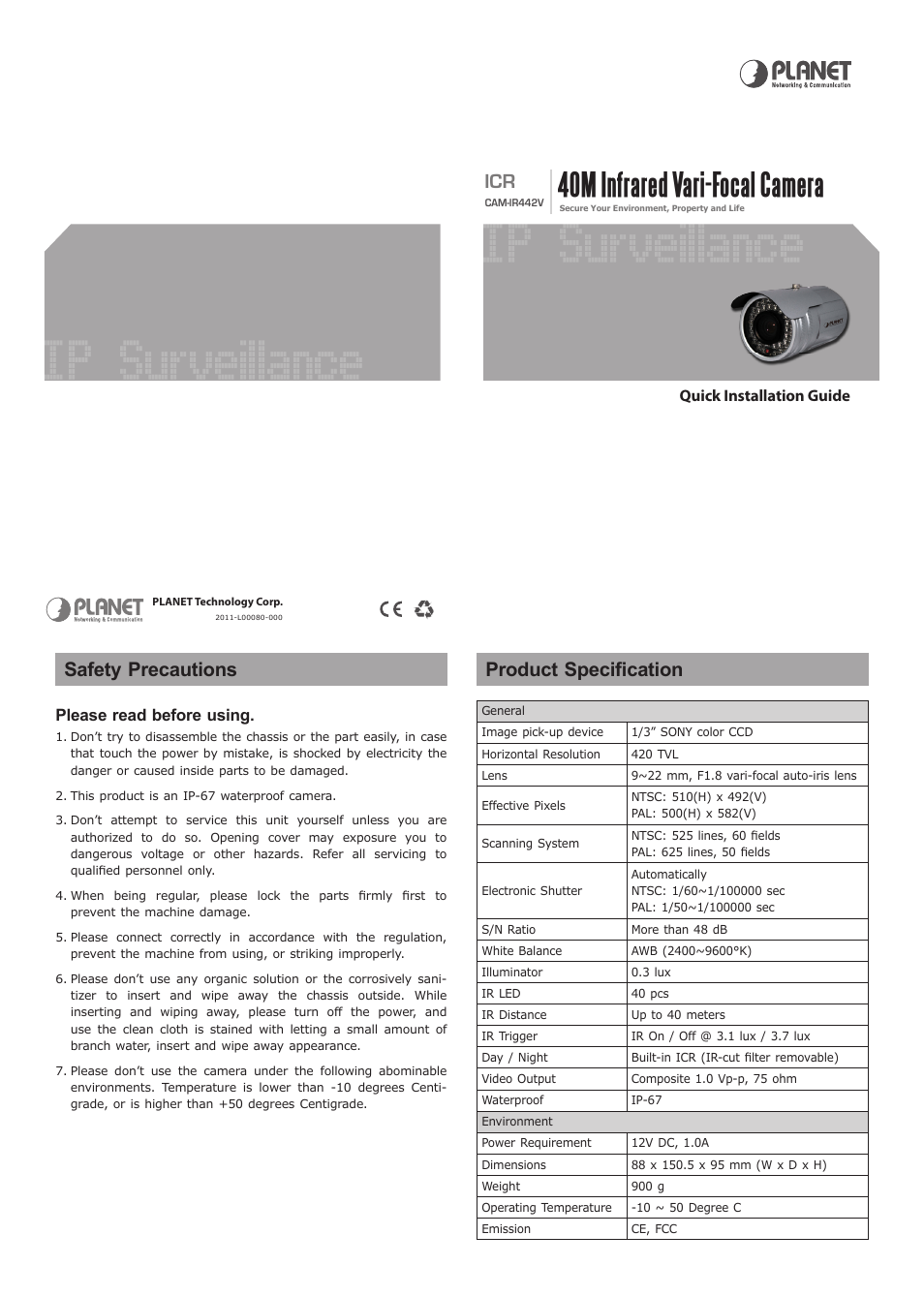 Ip surveillance, 40m infrared vari-focal camera, Safety precautions | Product specification | PLANET CAM-IR442V User Manual | Page 2 / 2