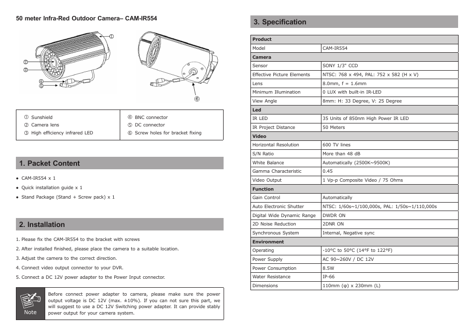 Packet content, Installation, Specification | PLANET CAM-IR554 User Manual | Page 2 / 2