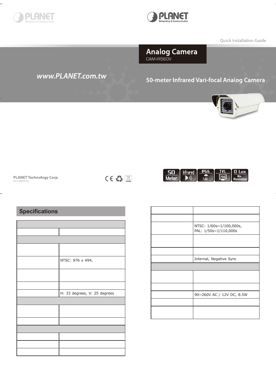 Specifications | PLANET CAM-IR560V User Manual | Page 2 / 2