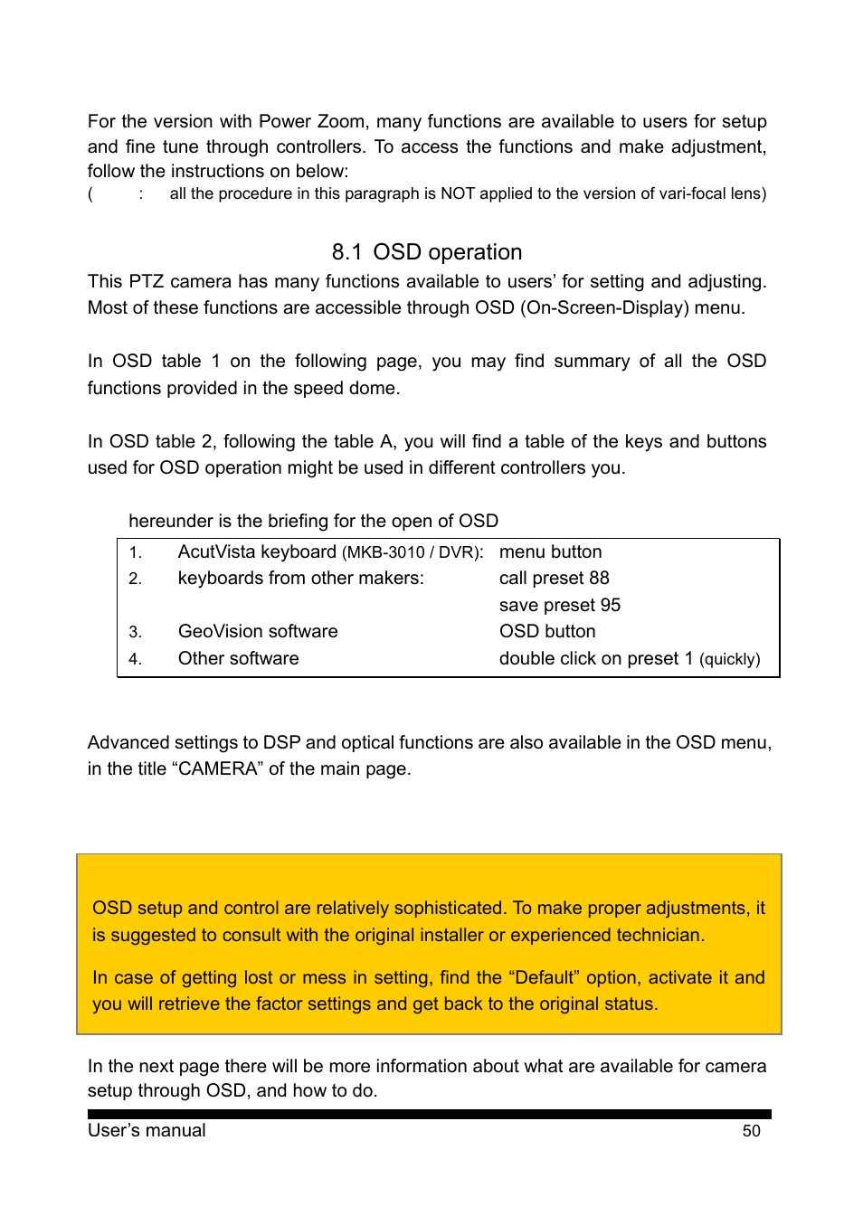 Camera setup --- osd functions, 1 osd operation, Warning | PLANET CAM-ISD52 User Manual | Page 51 / 72