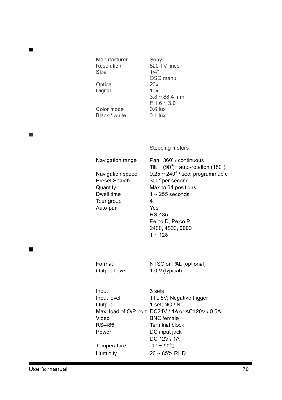 Specification, Camera module and lens, Pan / tilt functions | Miscellaneous | PLANET CAM-ISD52 User Manual | Page 71 / 72