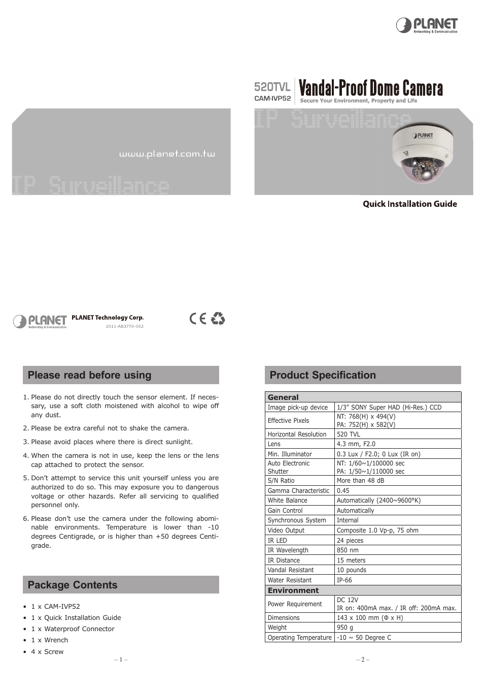Product specification, Please read before using, Package contents | PLANET CAM-IVP52 User Manual | Page 2 / 2
