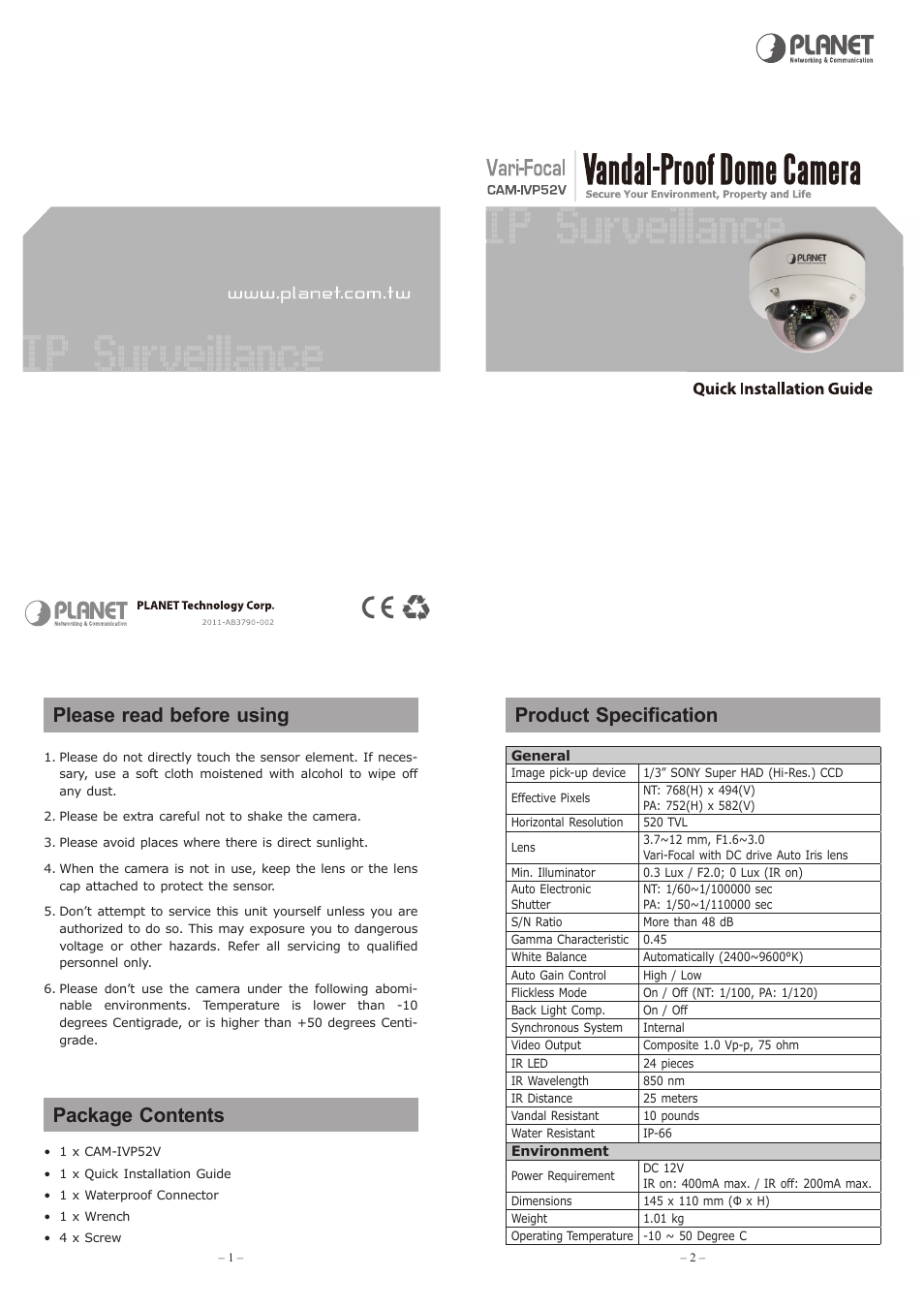 Please read before using, Package contents, Product specification | PLANET CAM-IVP52V User Manual | Page 2 / 2
