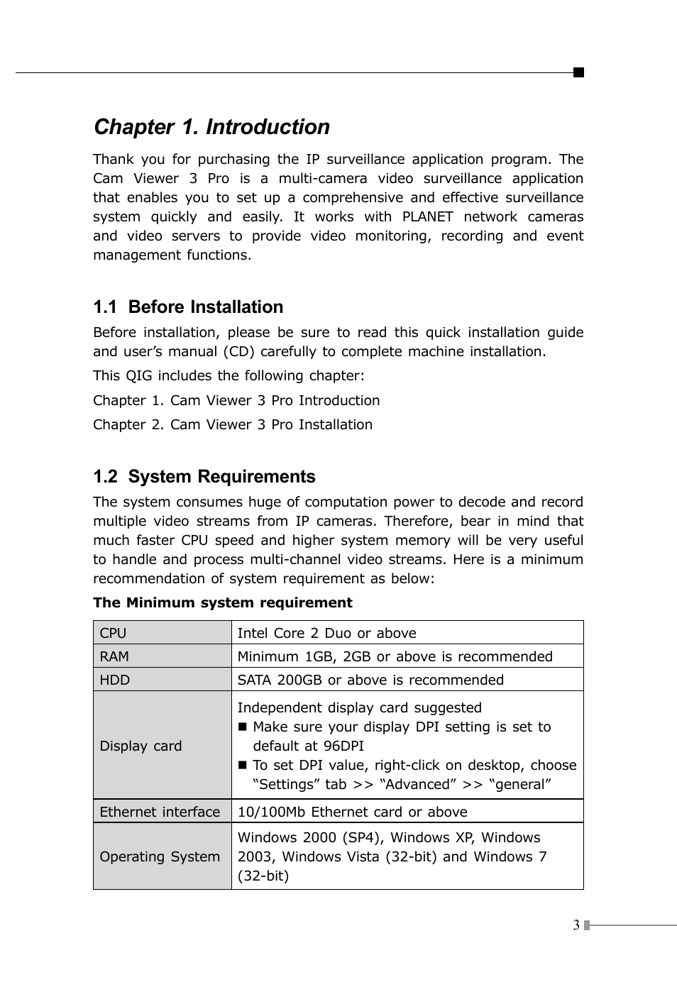 Chapter 1. introduction, 1 before installation, 2 system requirements | PLANET CV3P Series User Manual | Page 3 / 16