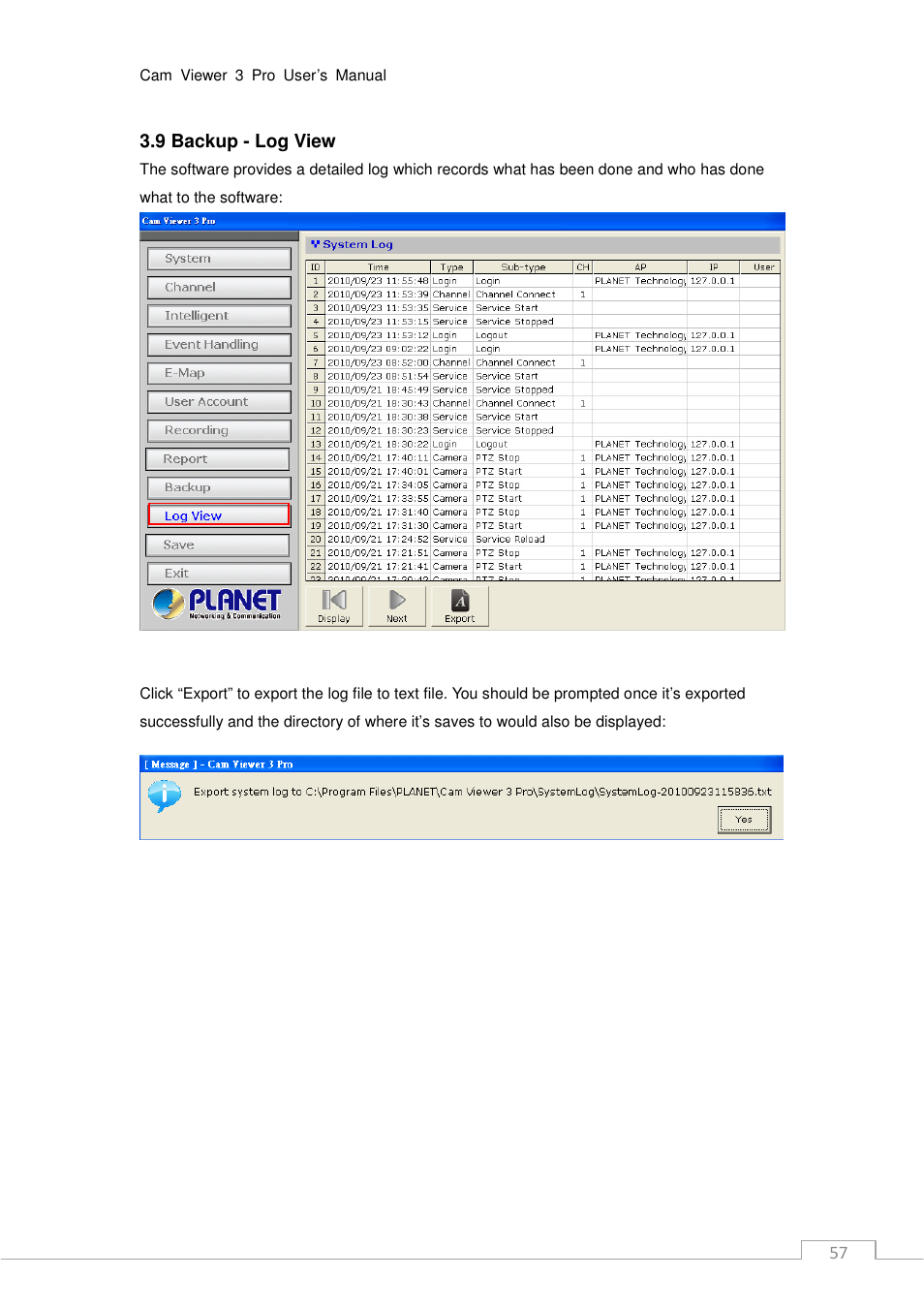 57 3.9 backup - log view | PLANET CV3P Series User Manual | Page 57 / 119