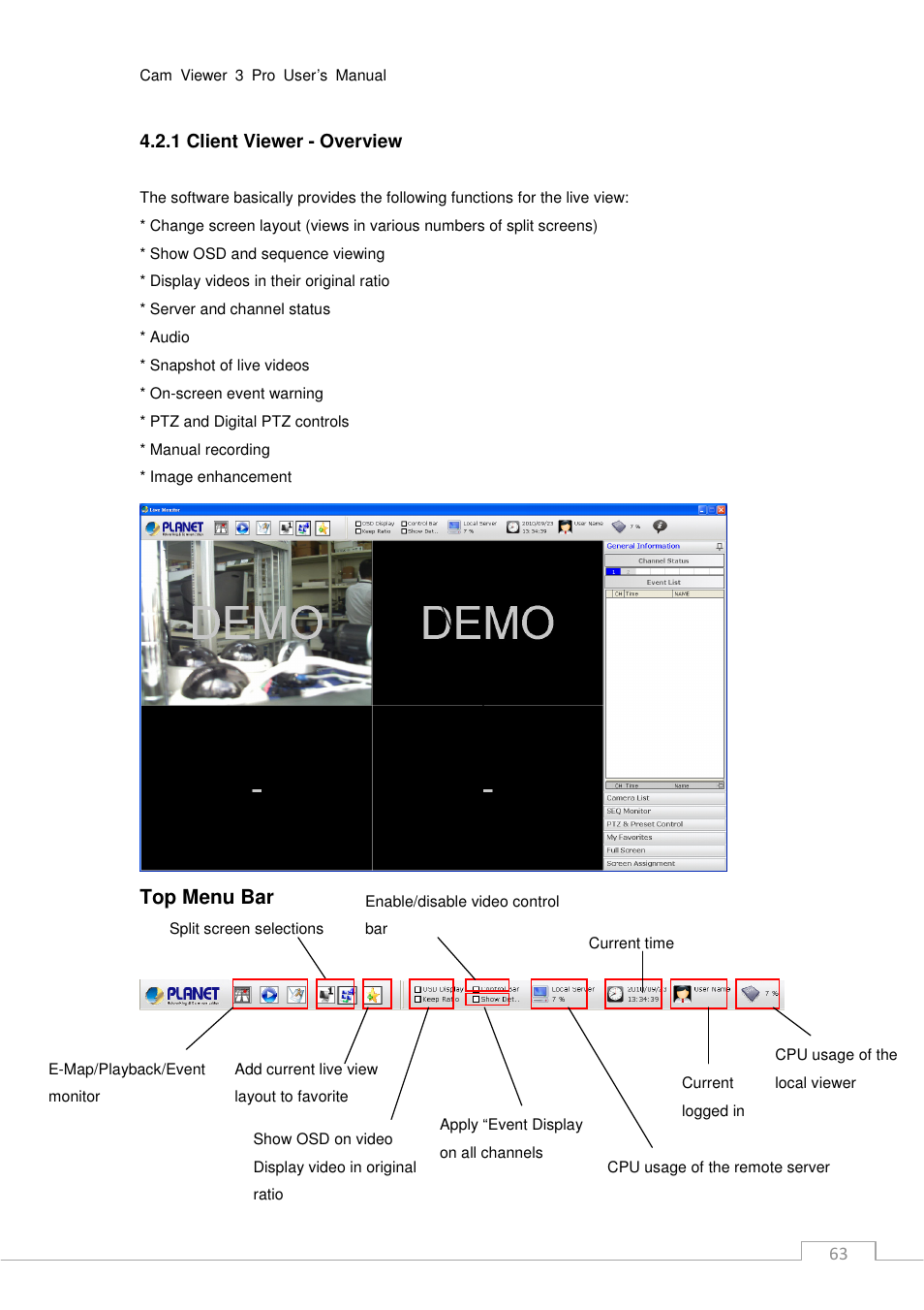 Top menu bar | PLANET CV3P Series User Manual | Page 63 / 119