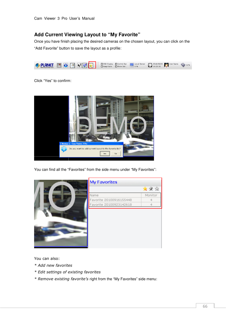 Add current viewing layout to “my favorite | PLANET CV3P Series User Manual | Page 66 / 119