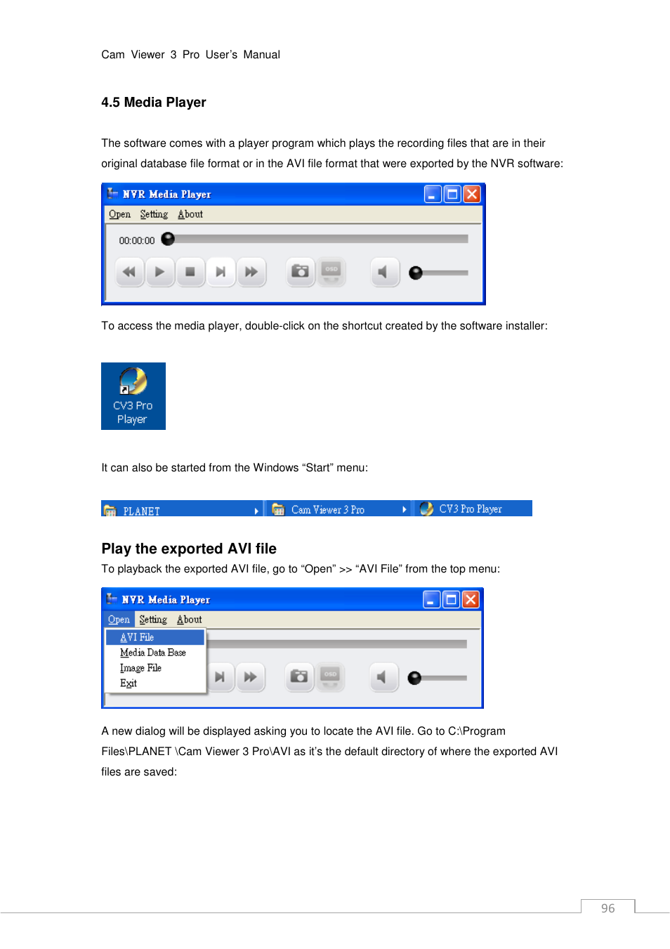 Play the exported avi file | PLANET CV3P Series User Manual | Page 96 / 119